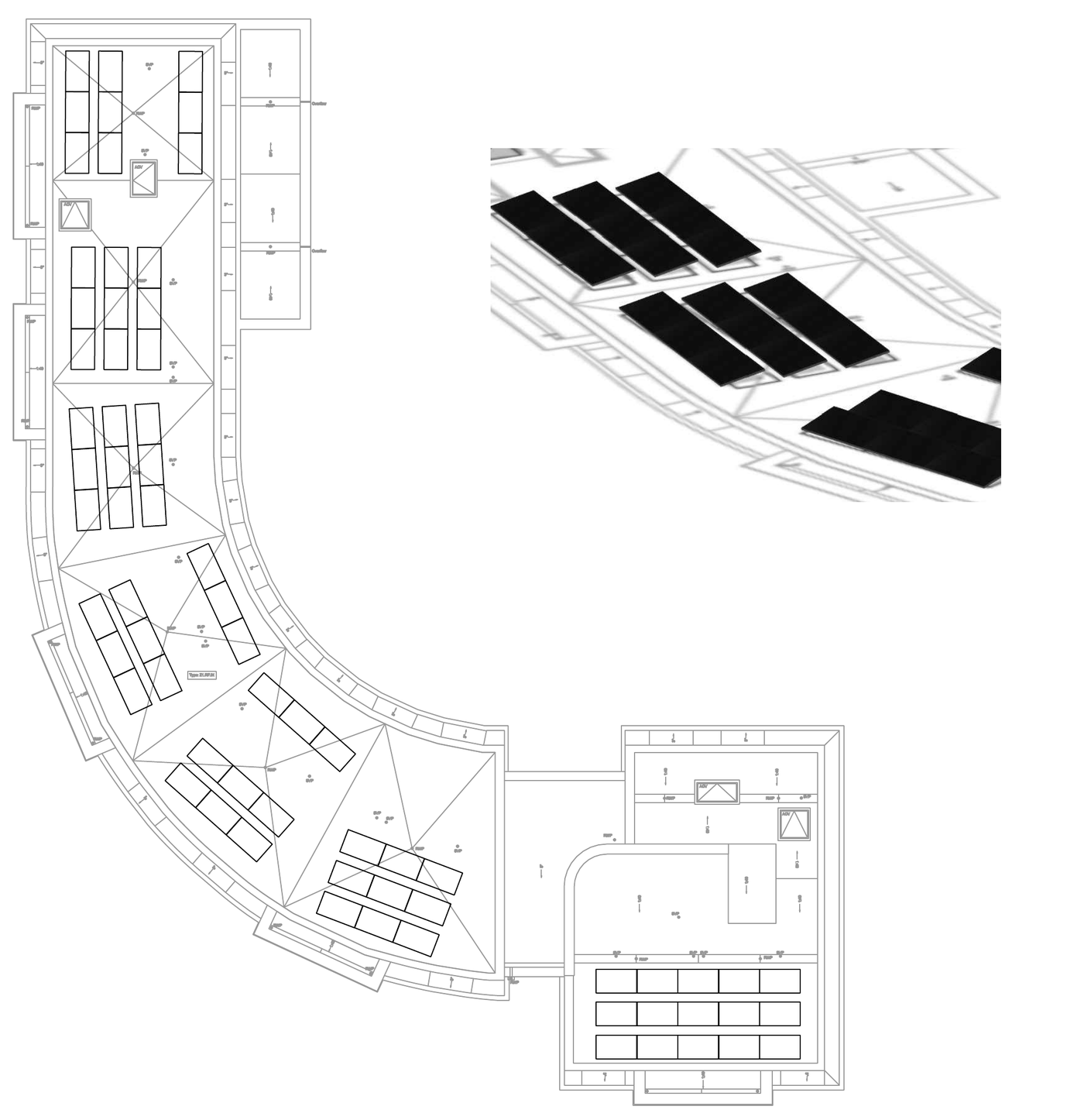 CAD roof plan of a curved building showing panel groups set out across several roof sections, with a 3D view of part of the array