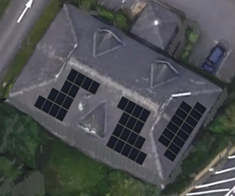3D model of a hipped tile roof with three groups of solar panels laid out between the dormers