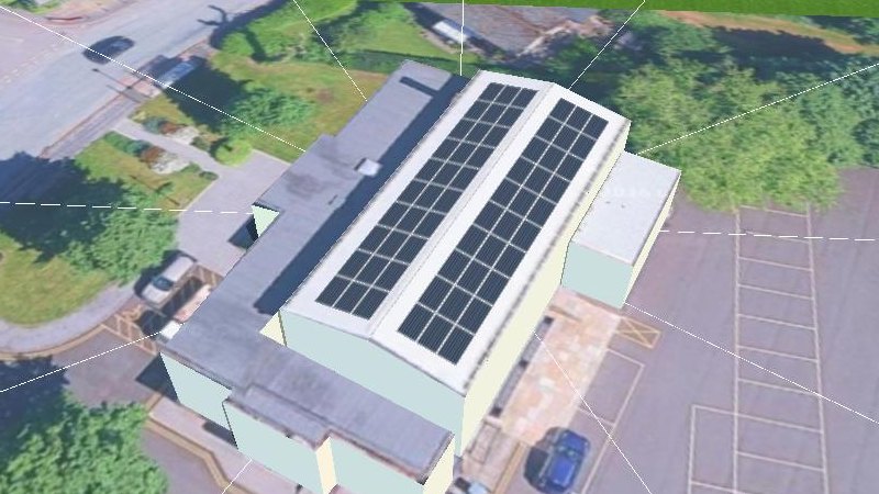 3D model of a commercial building roof with a 60-panel solar array laid out across two roof faces